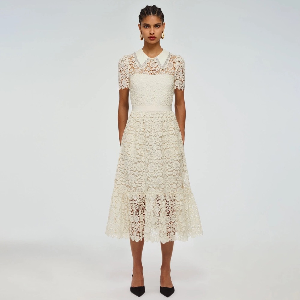 SELF-PORTRAIT IVORY GUIPURE MIDI DRESS